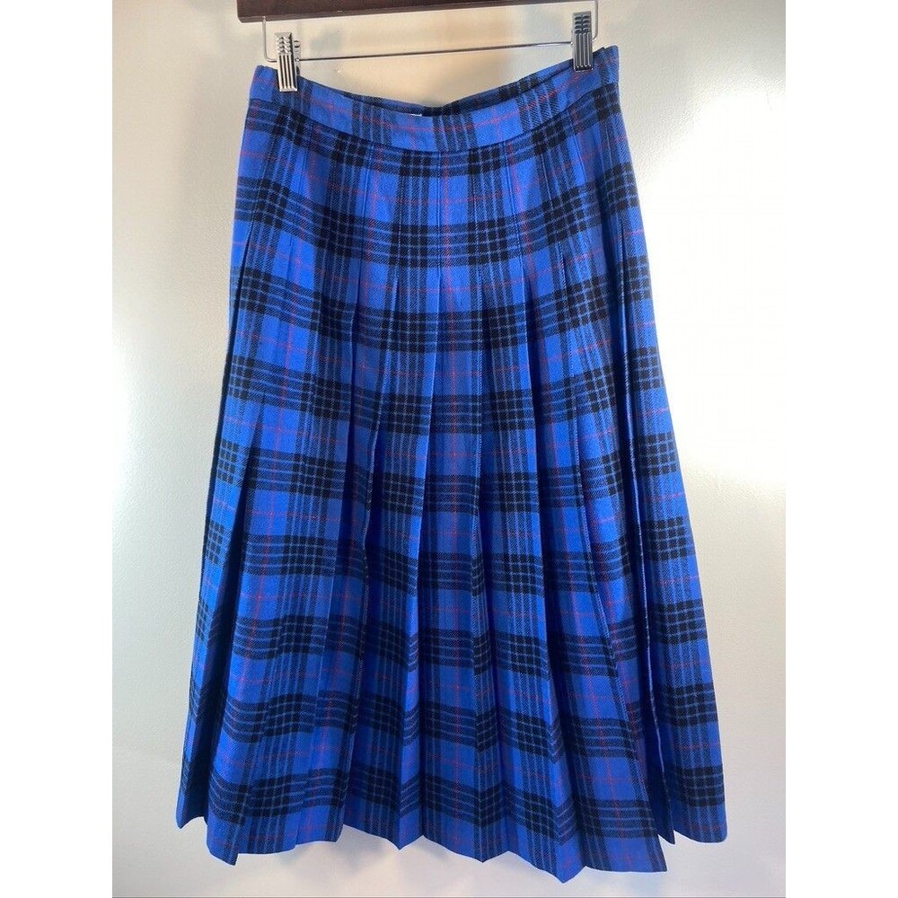 PENDELTON WOMENS BLUE PLAID PLEATED BELOW KNEE SKIRT SIZE 10 PETITE VIRGIN WOOL